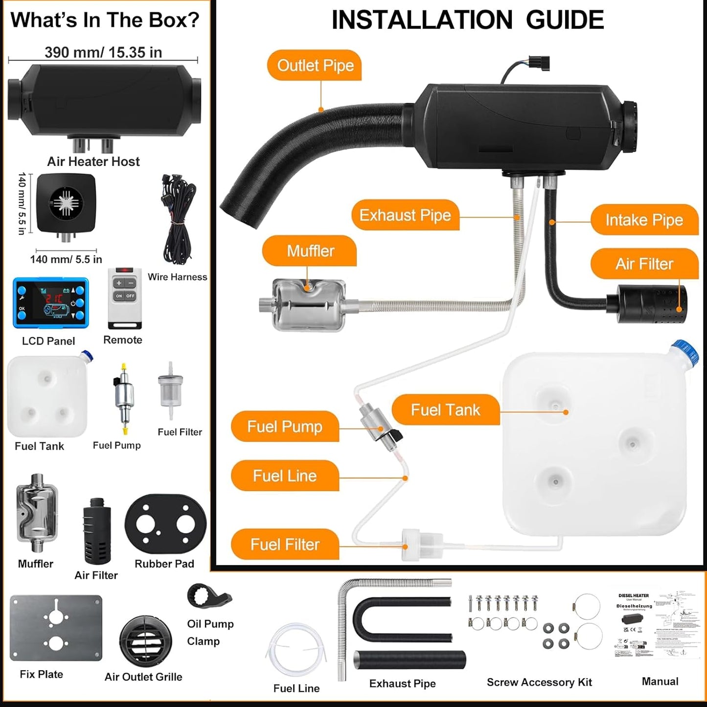 2kw diesel heater bluetooth 12v all black body