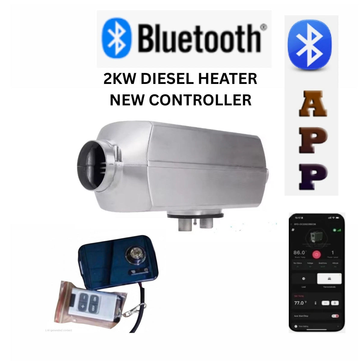 2kw Aluminium Diesel heater Premium updated controller, silent oil pump, nylon fuel hose (Copy)